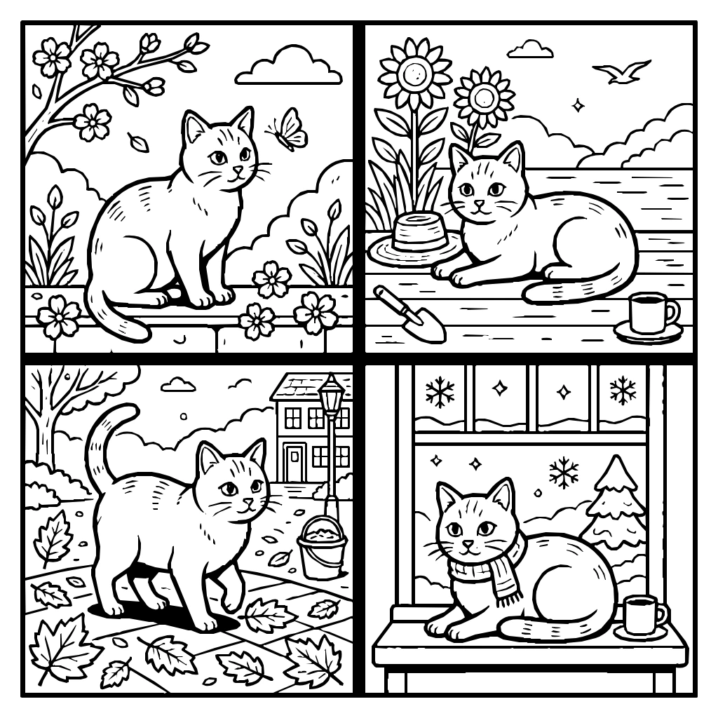 4 Seasons Cat Panel Coloring Page
