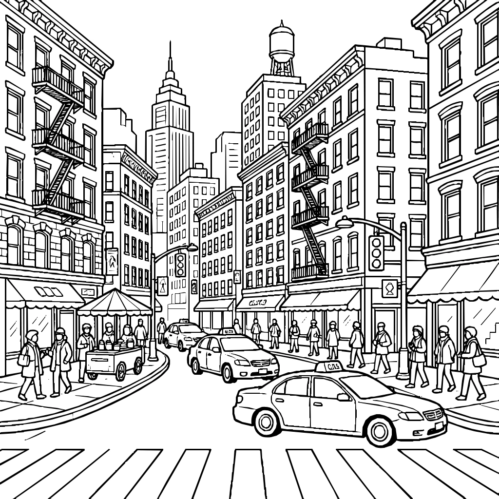 A Busy Street With Taxis Buildings And Crowds Coloring Page