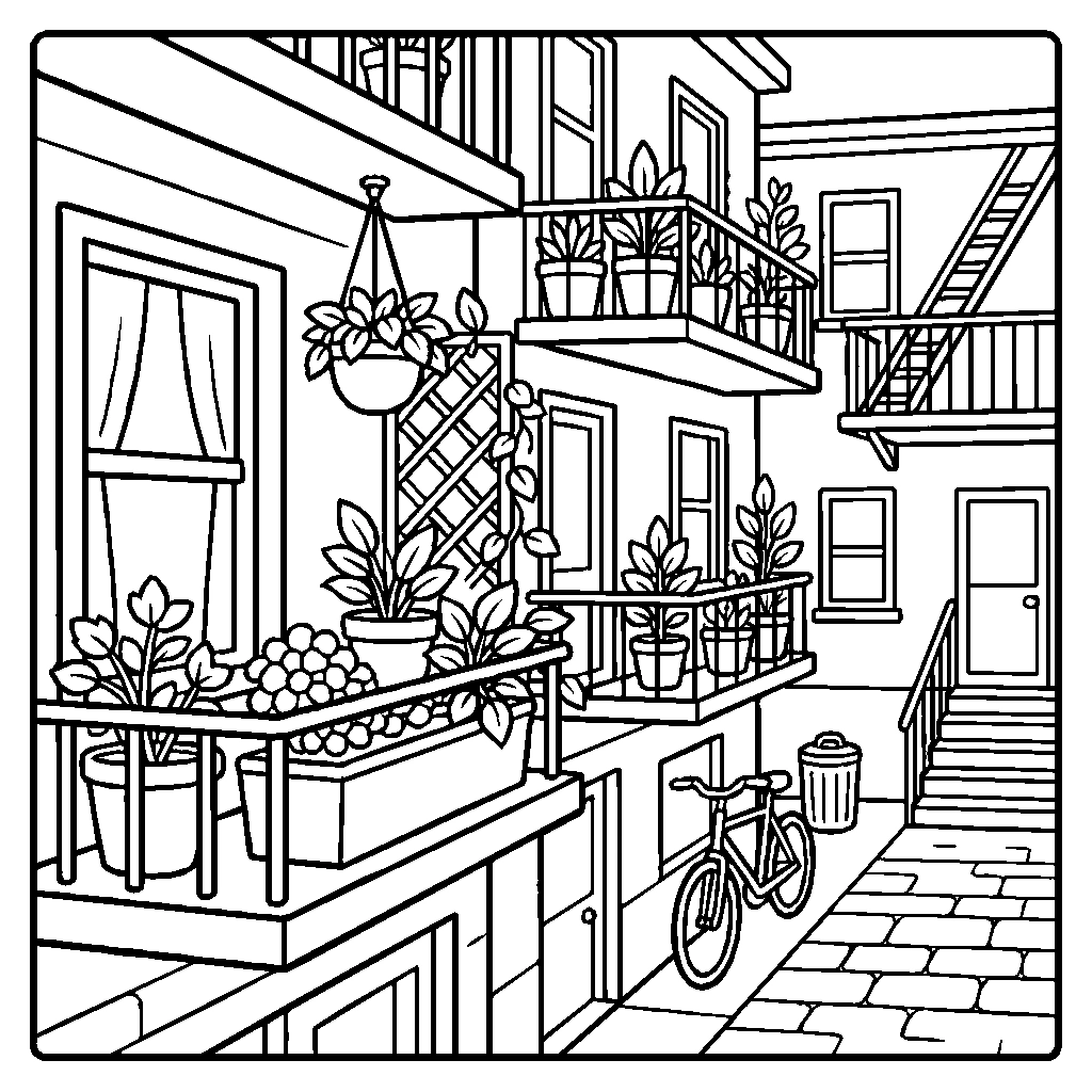 Apartment Balconies Covered In Plants Coloring Page