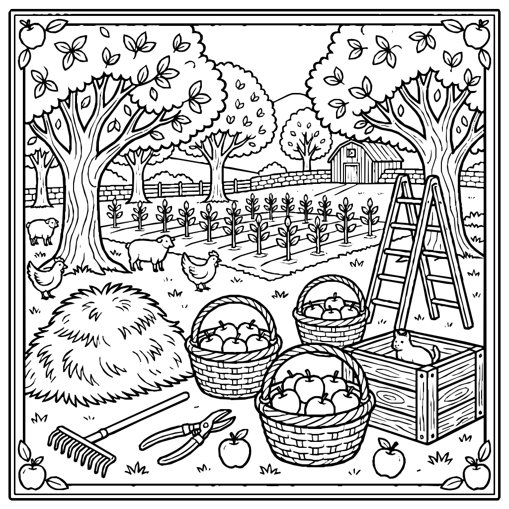 Apple Trees On A Farm Coloring Page