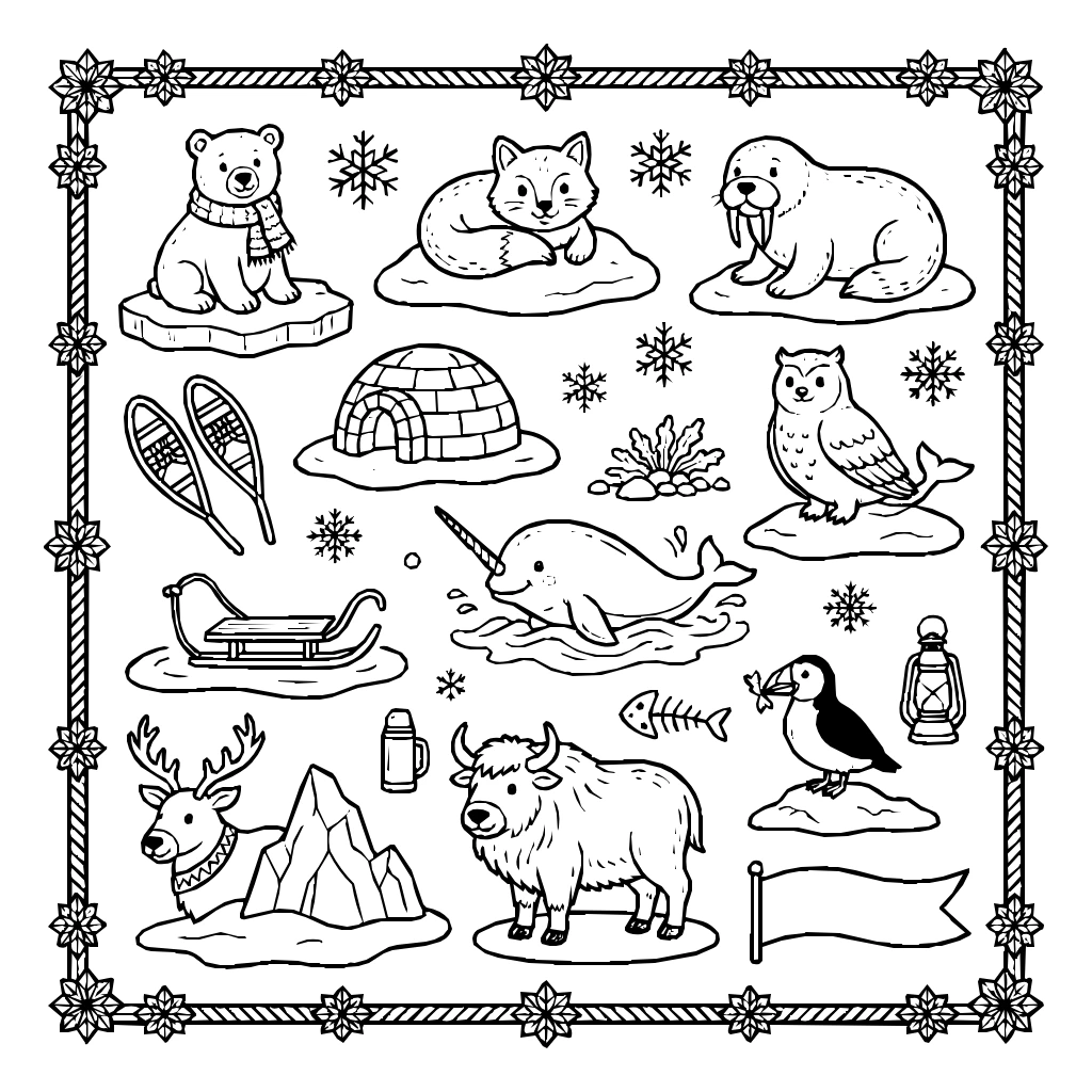 Arctic Animals Ice Set Coloring Page