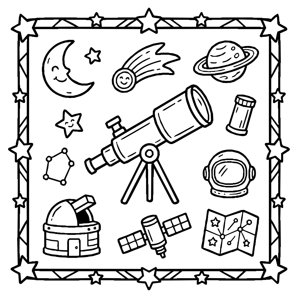 Astronomy Telescope And Stars Set Coloring Page