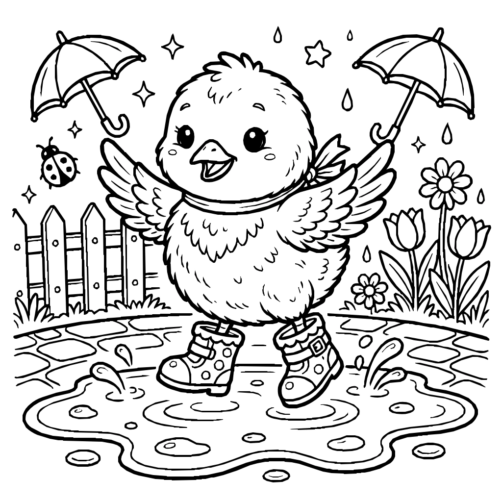 Baby Chick Wearing Tiny Rain Boots Jumping In Puddles Coloring Page