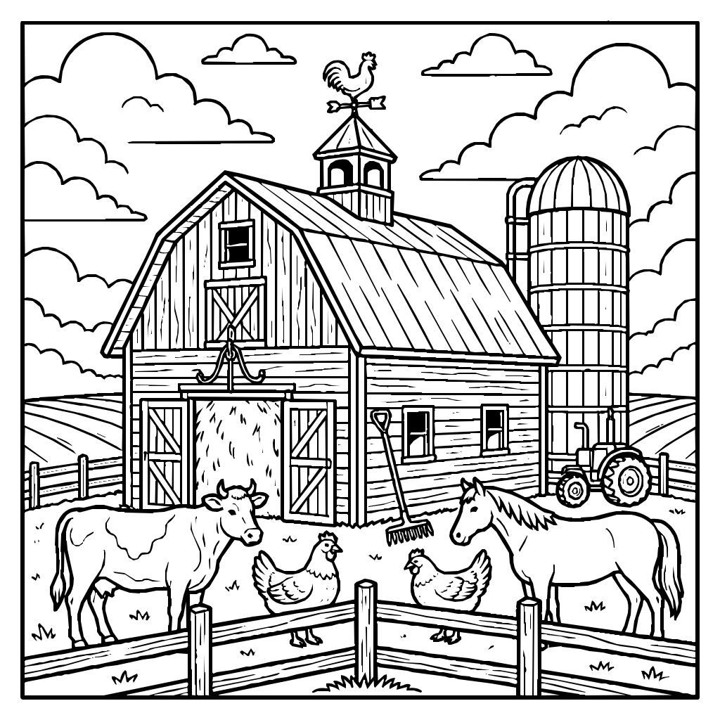 Barn With A Weathervane And Gathering Clouds Coloring Page