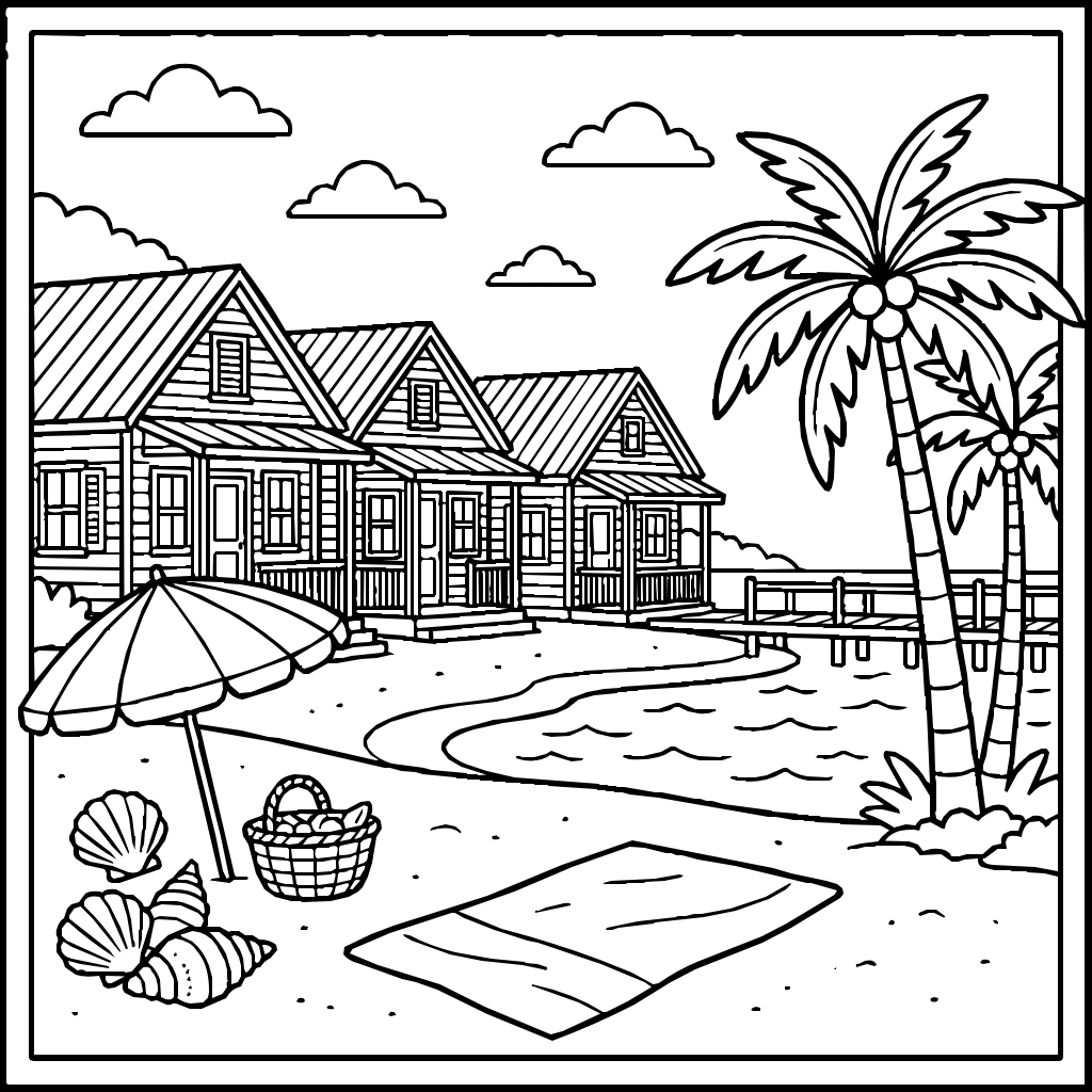 Beach With Houses And Palms Coloring Page