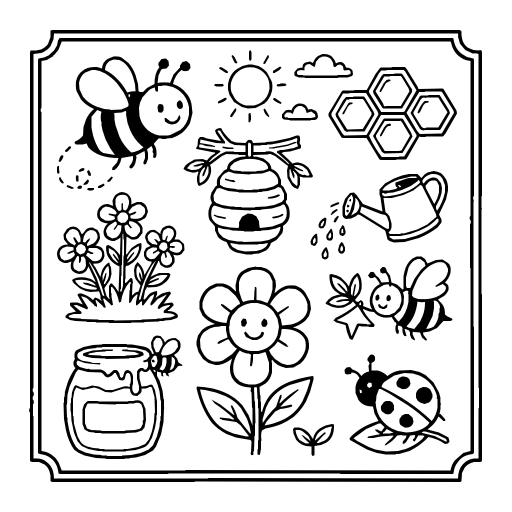 Bees And Flowers Set Coloring Page