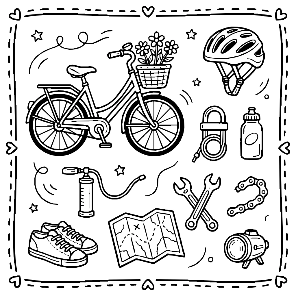 Bicycle And Cycling Set Coloring Page