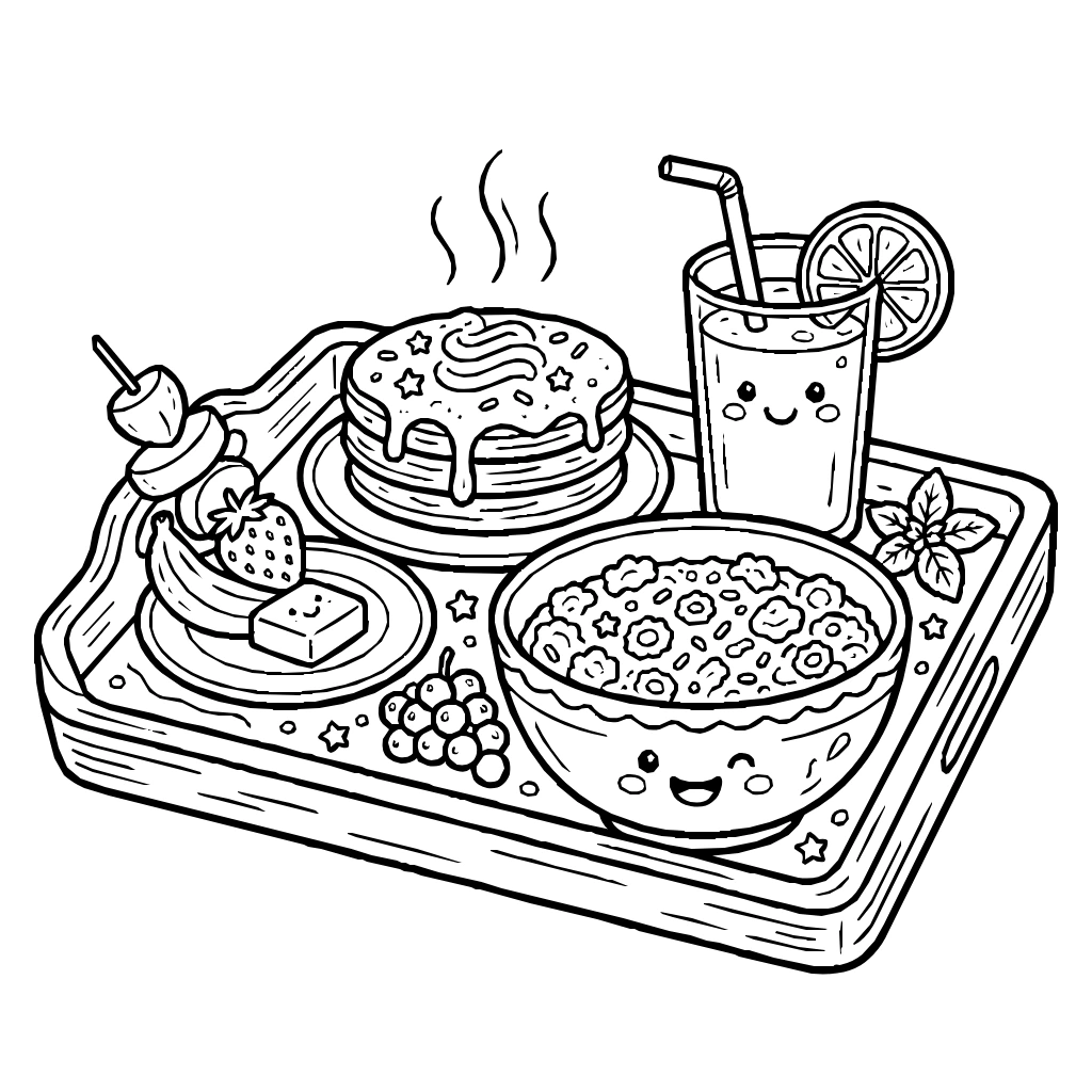 Birthday Breakfast Tray With Cereal Fruit And Juice Coloring Page