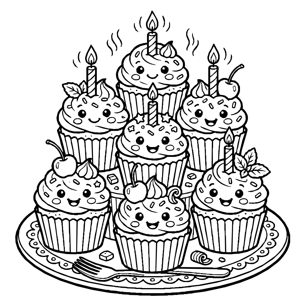 Birthday Cupcake Tower Coloring Page