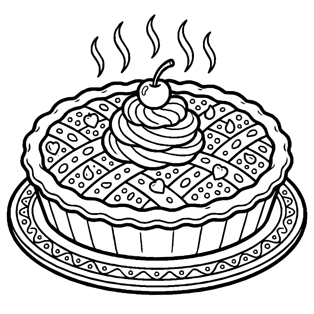 Birthday Pie With Whipped Cream And A Cherry On Top  Coloring Page