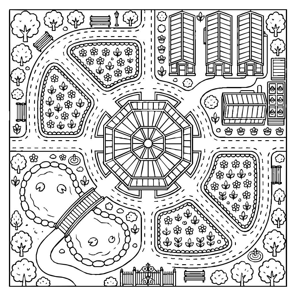 Botanical Garden With Flowers And Greenhouses Coloring Page