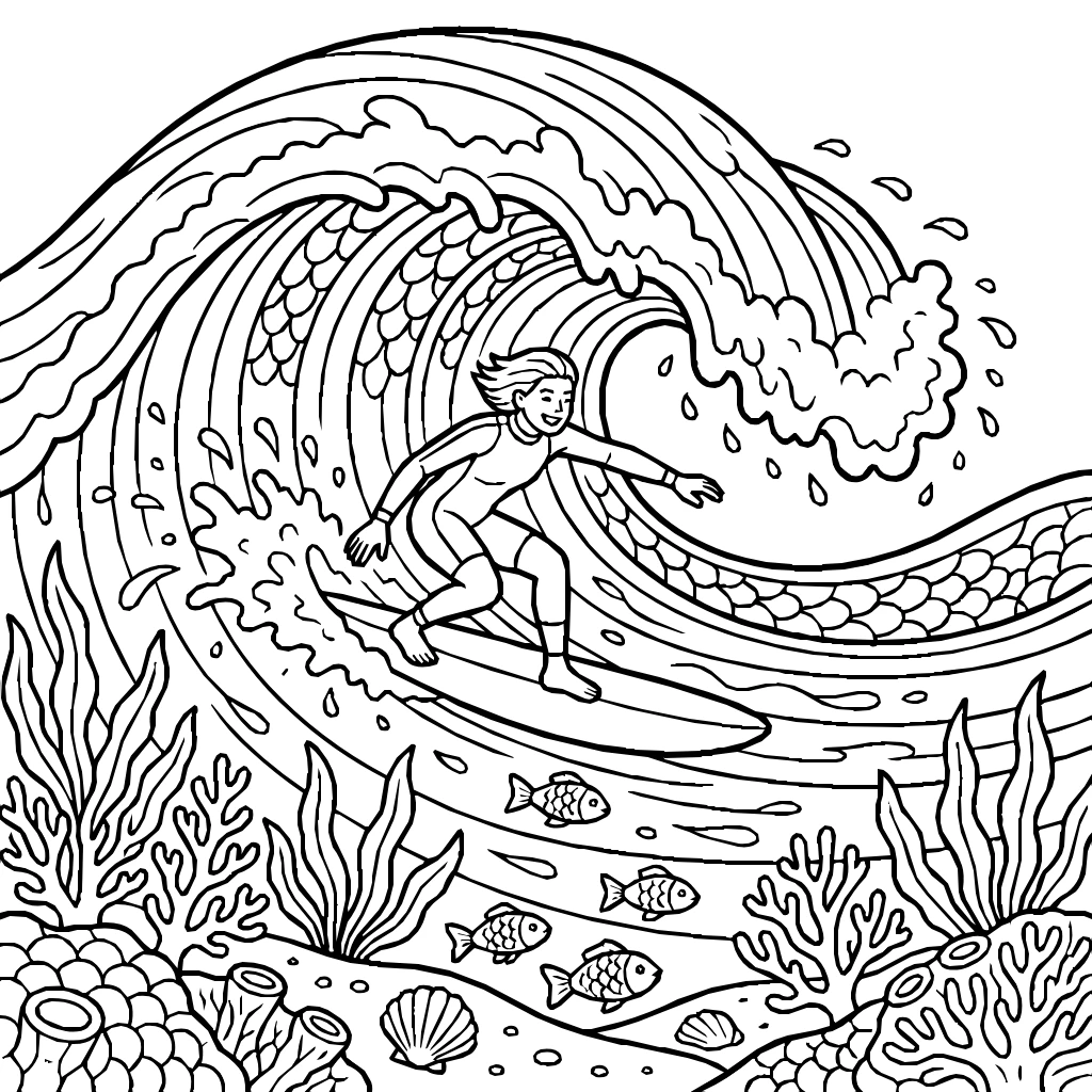 Breaking Wave With A Surfer Coloring Page