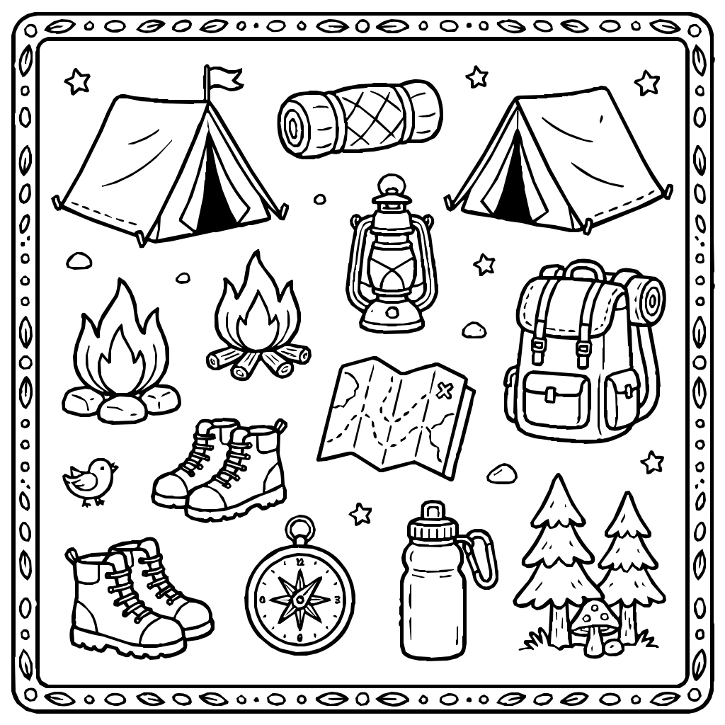 Camping And Hiking Set Coloring Page