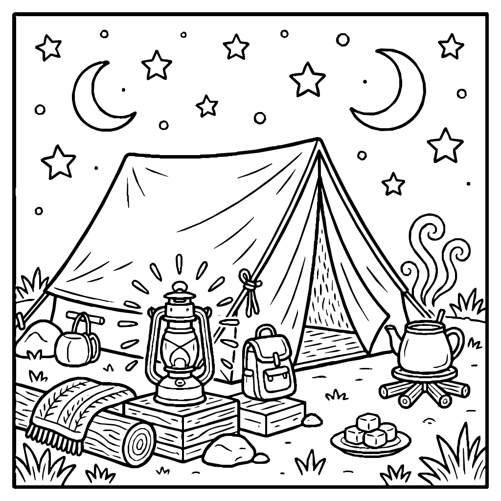 Camping Tent Under Starry Sky Coloring Page