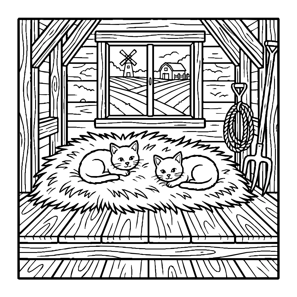 Cats In The Barn Coloring Page