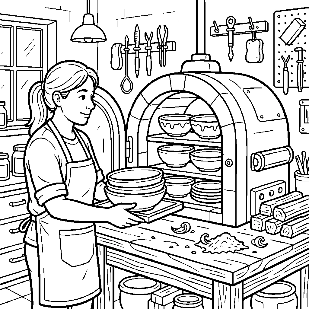 Ceramics Kiln With Glazed Bowls Coloring Page