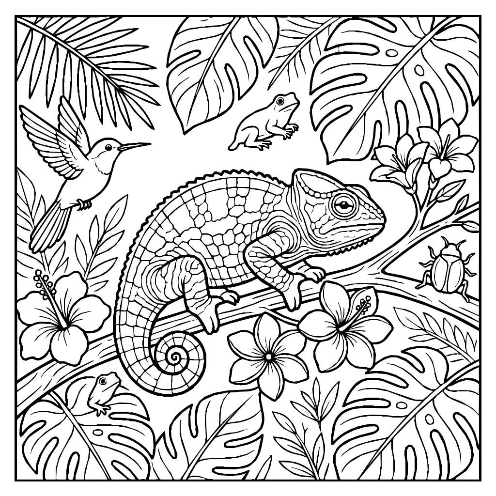 Chameleon On A Flowering Branch Coloring Page