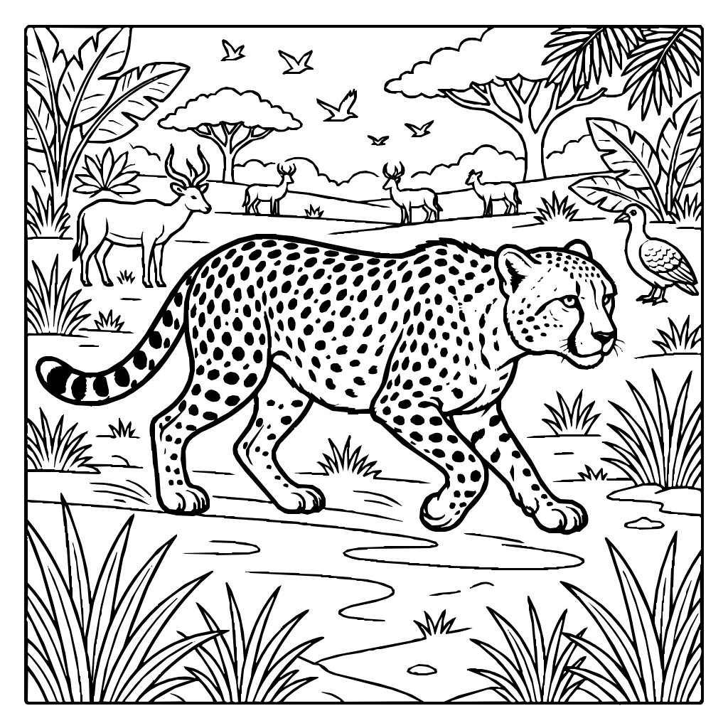 Cheetah In The Savannah Coloring Page