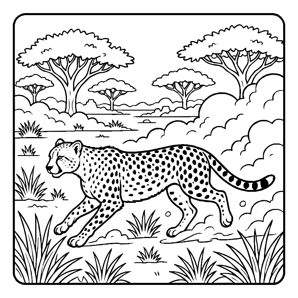 Cheetah Sprint Across Savanna Coloring Page