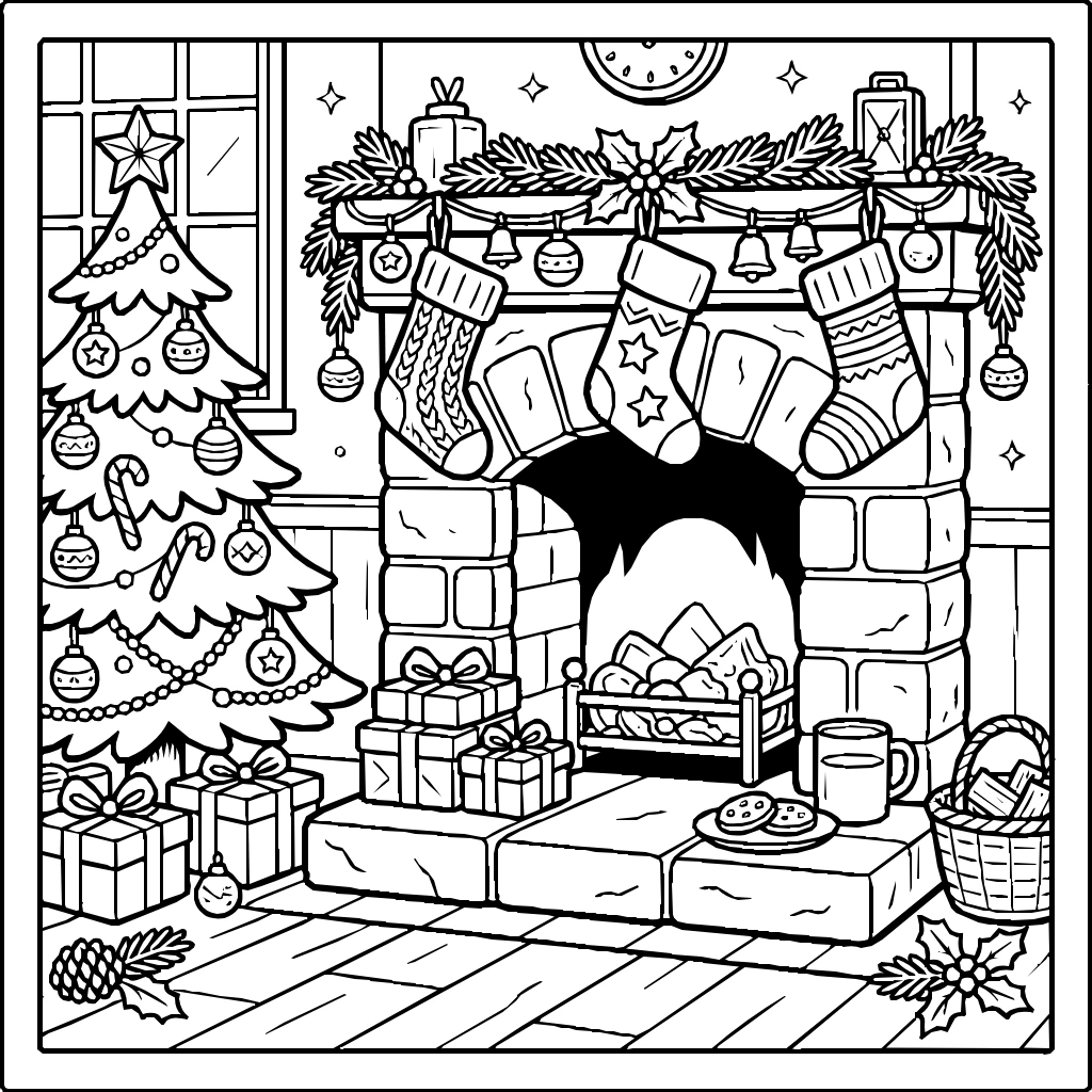 Christmas Morning Stockings Hung By A Cozy Fireplace Coloring Page