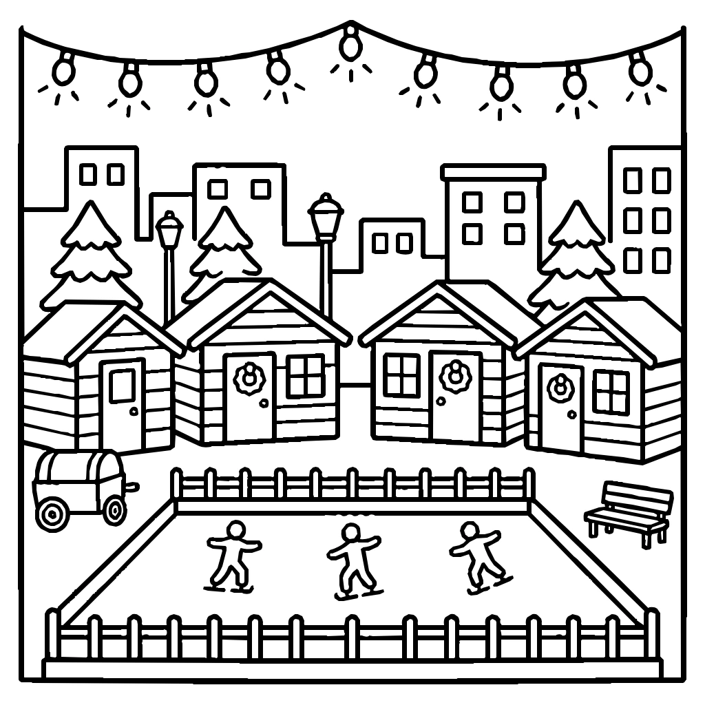 City Christmas Market Chalets Lights Ice Rink Coloring Page