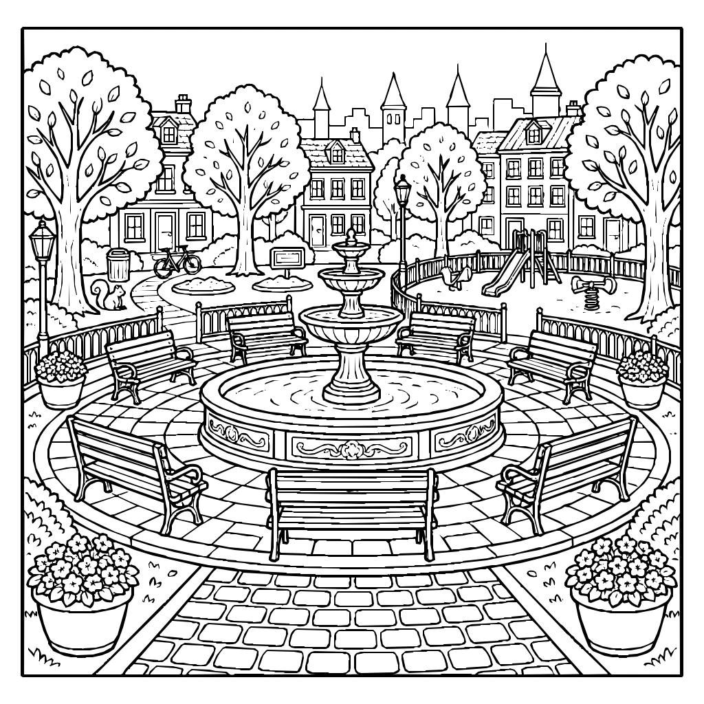 City Park With Fountain Coloring Page