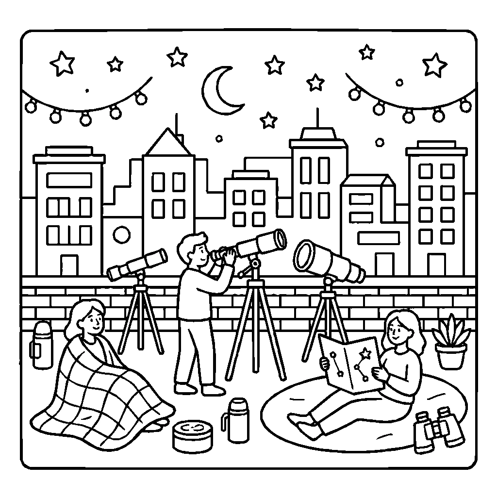 City Rooftop Stargazing Party With Telescopes Coloring Page