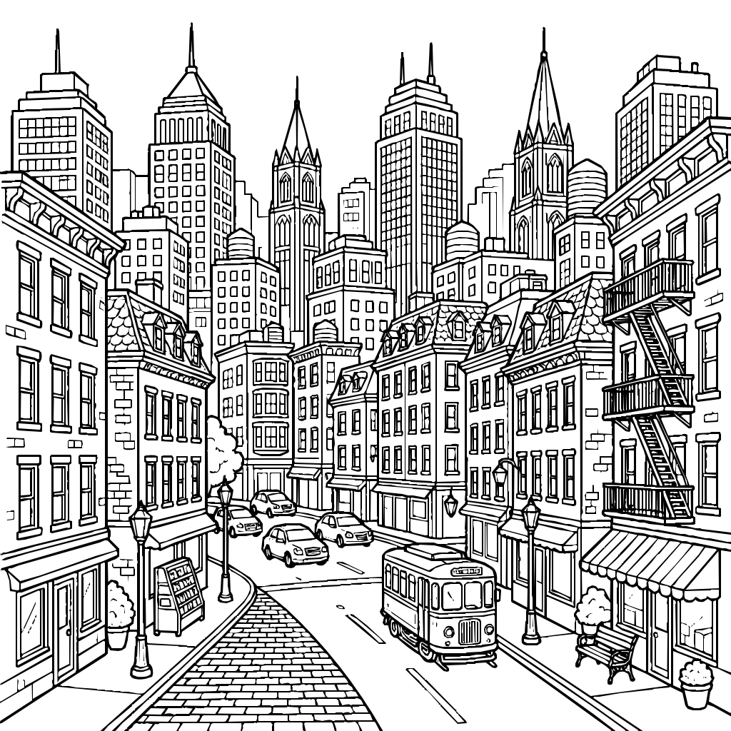 City Street With Buildings And Shops Coloring Page