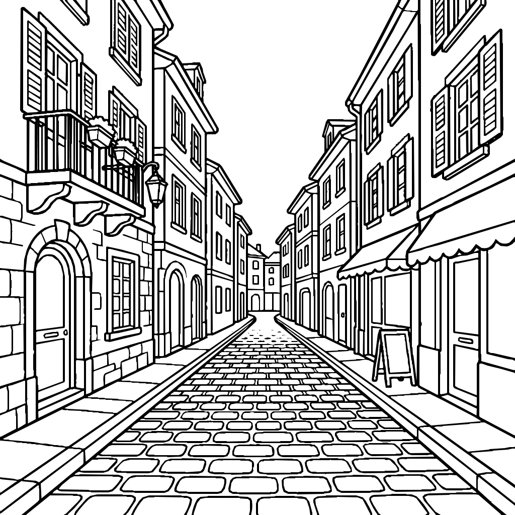 City With Cobblestones And Perspective Coloring Page