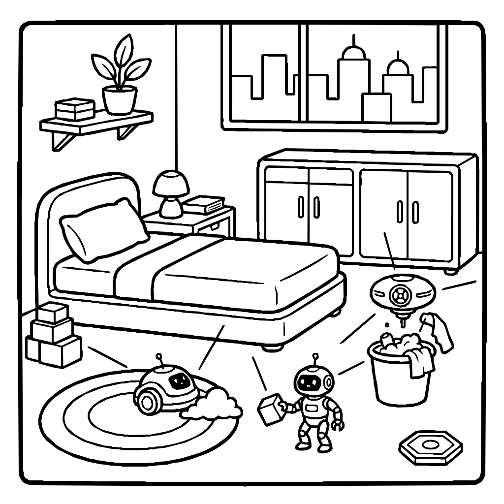 Cleaning And Tidying Robots In A Bedroom Coloring Page