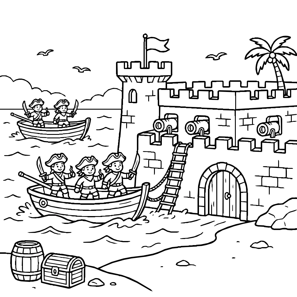 Coastal Fort With Pirates Coloring Page