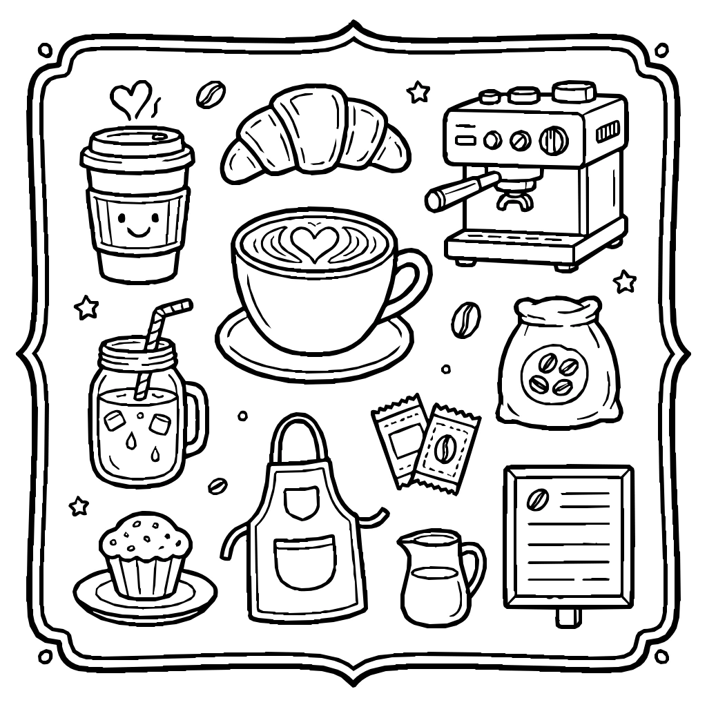 Coffe Breakfast Croissant Muffin Coloring Page