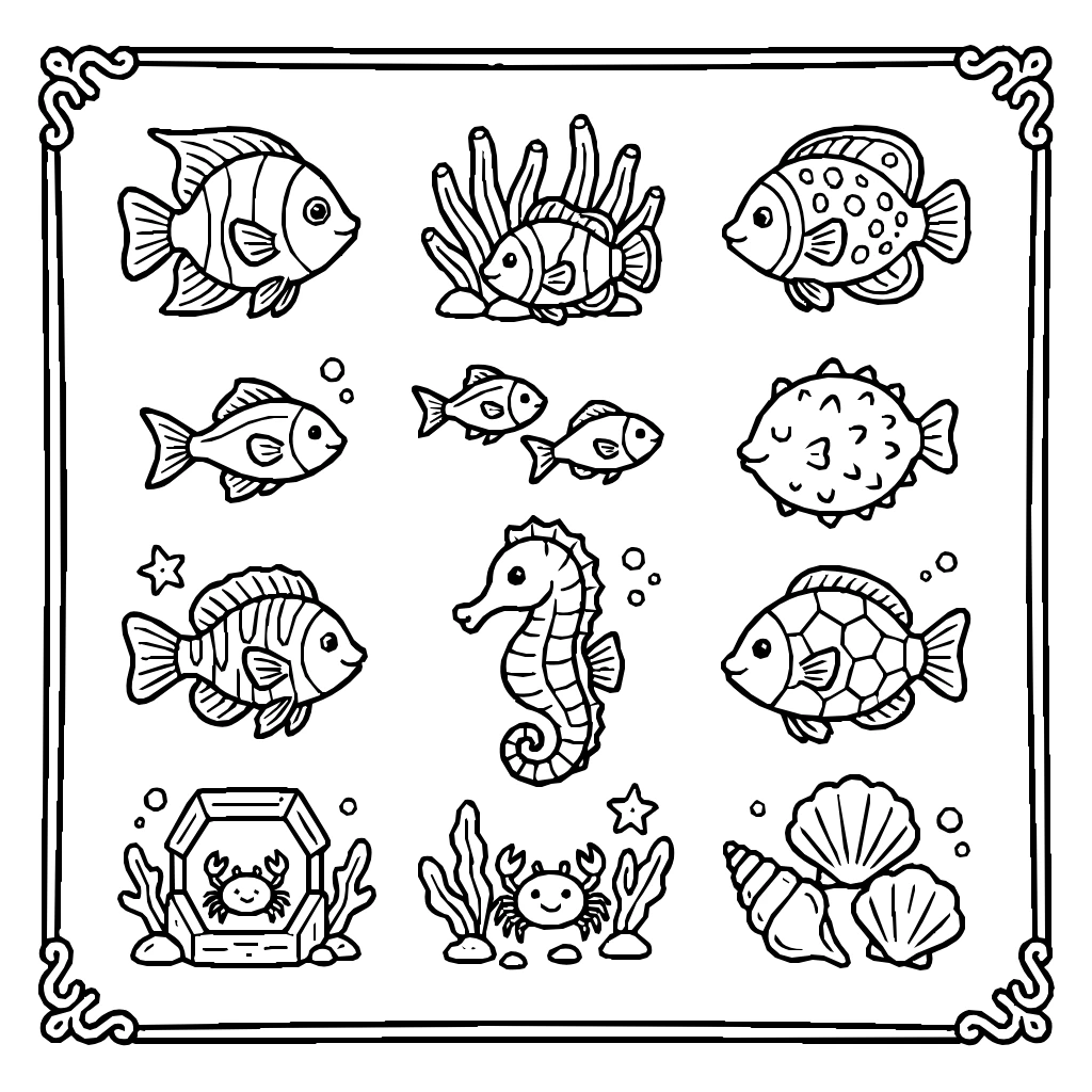 Coral Reef Fishes Collection Coloring Page