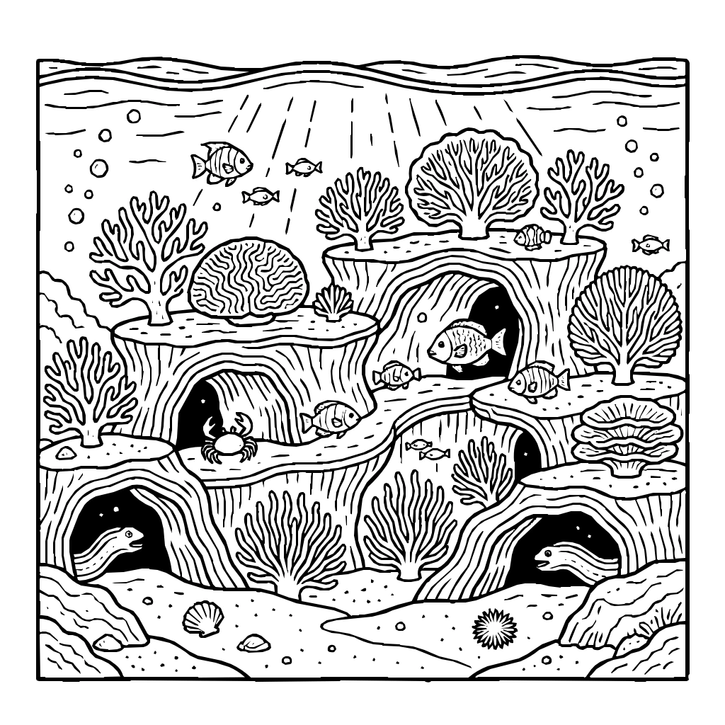 Coral Reef With Fish And Caves Underwater Coloring Page