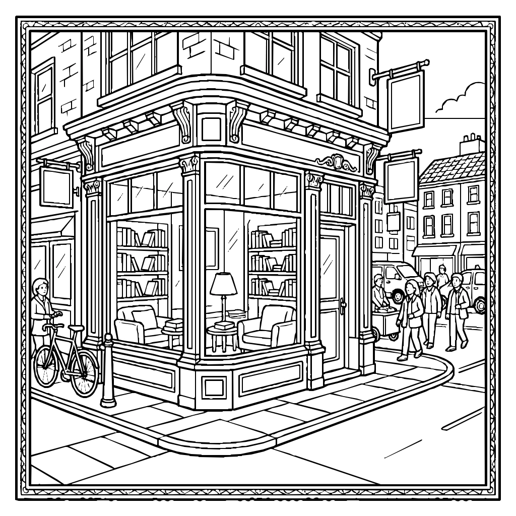 Corner Bookstore Coloring Page