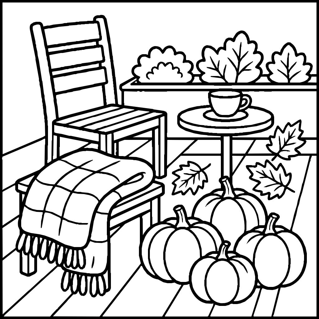 Cozy Autumn Porch Pumpkins Blanket Rocking Chair Coloring Page
