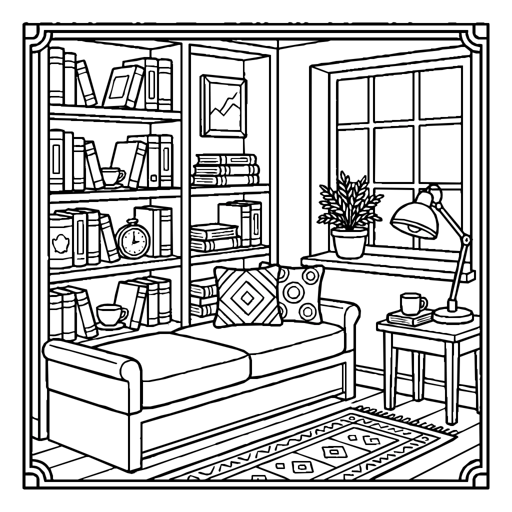 Cozy Bookshelf Nook Reading Lamp Soft Coloring Page