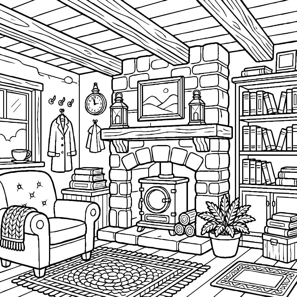 Cozy Cabin Interior Wooden Beams Warmth Coloring Page