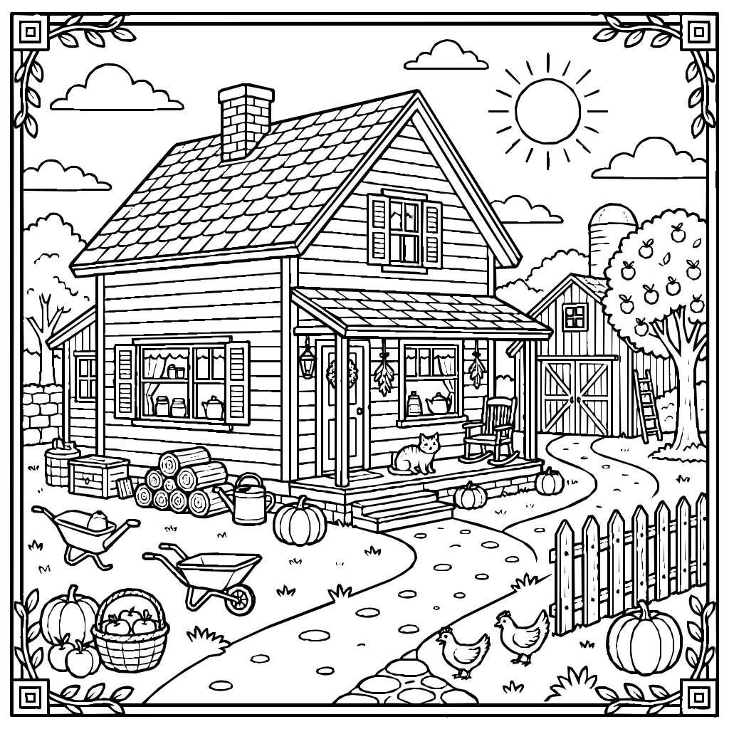 Cozy Farmhouse With Pumpkins Coloring Page
