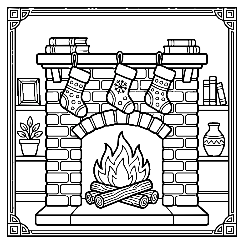 Cozy Fireplace Stockings Fire Crackling Coloring Page