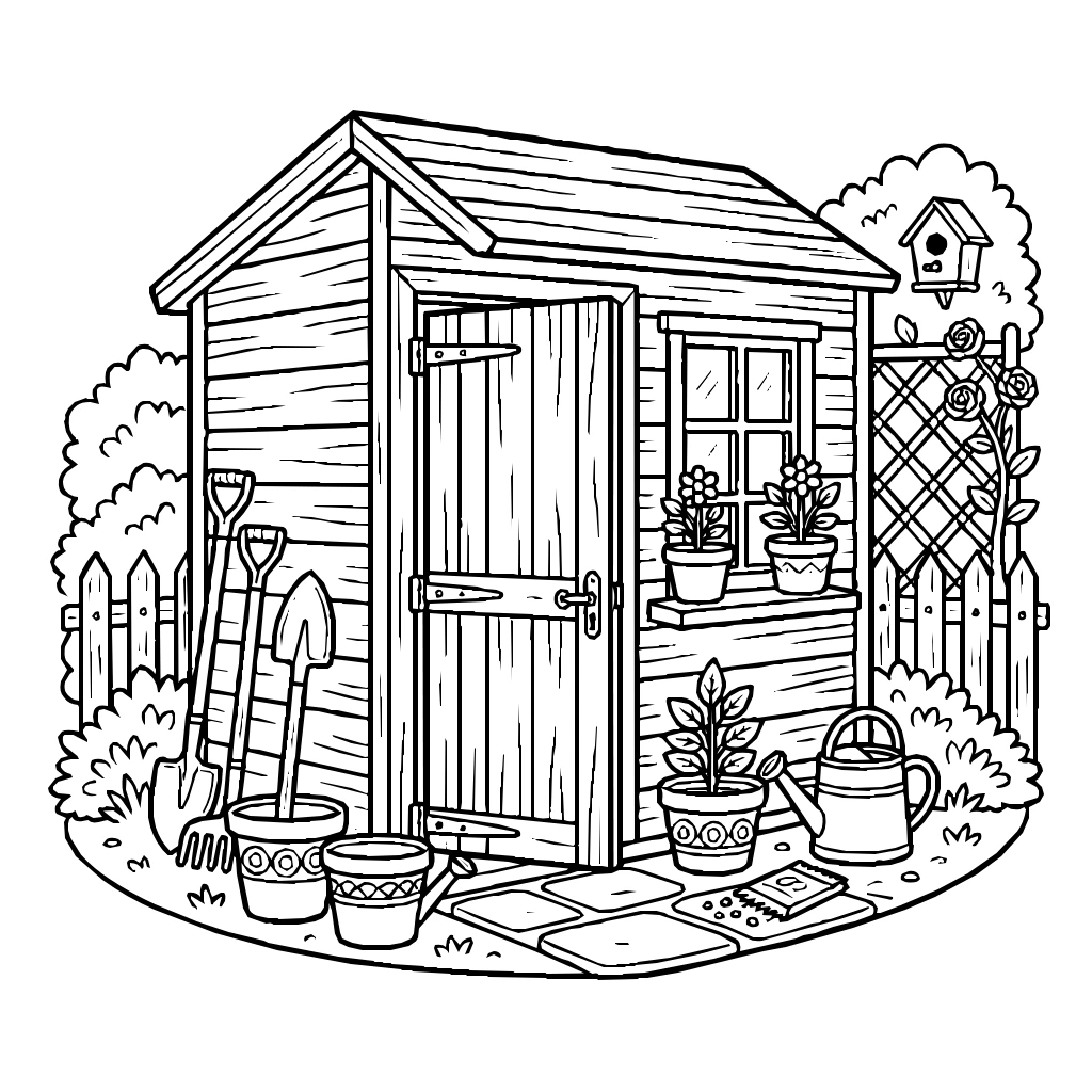 Cozy Garden Shed Potted Plants Tools Coloring Page