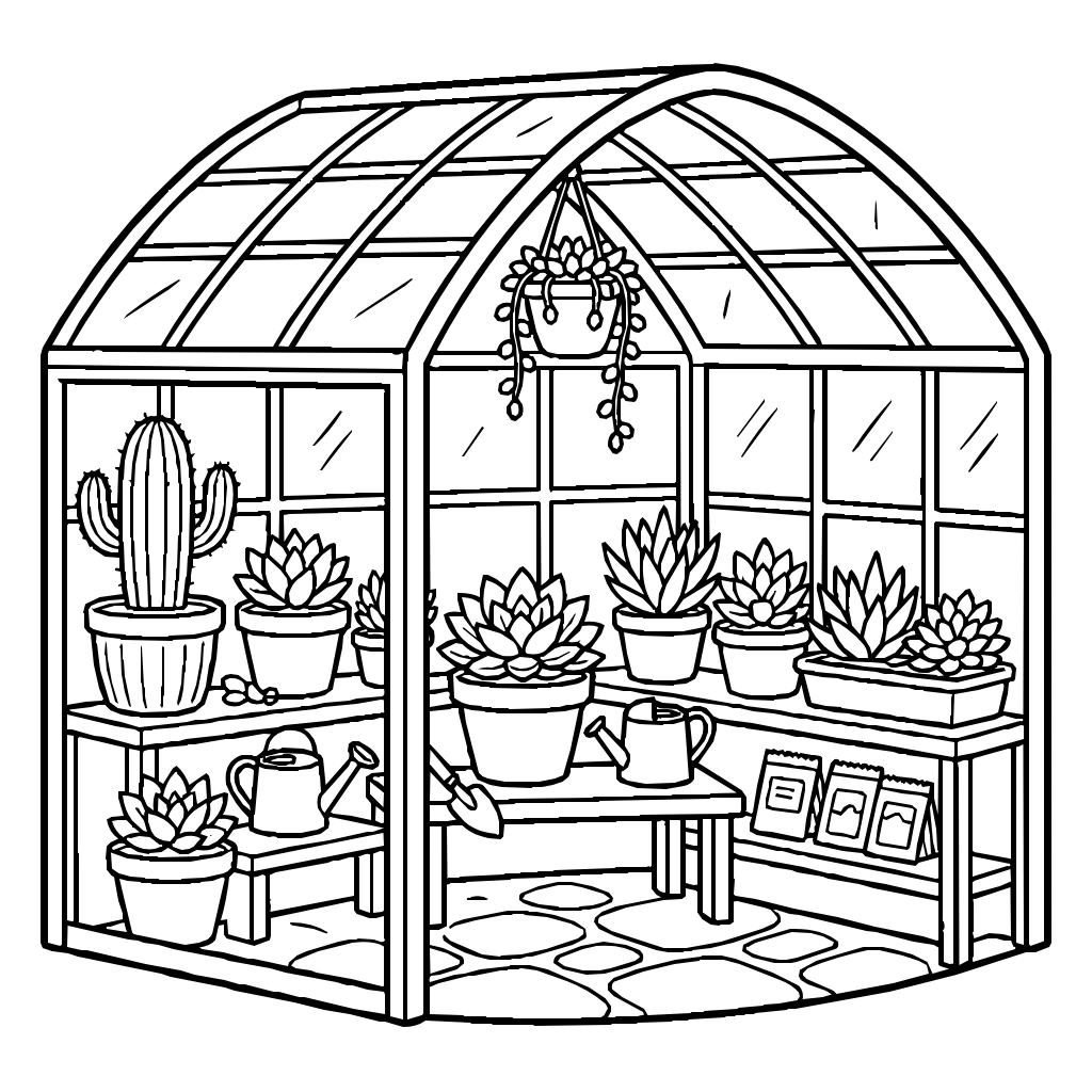 Cozy Greenhouse Succulents Cat Terracotta Pots Coloring Page