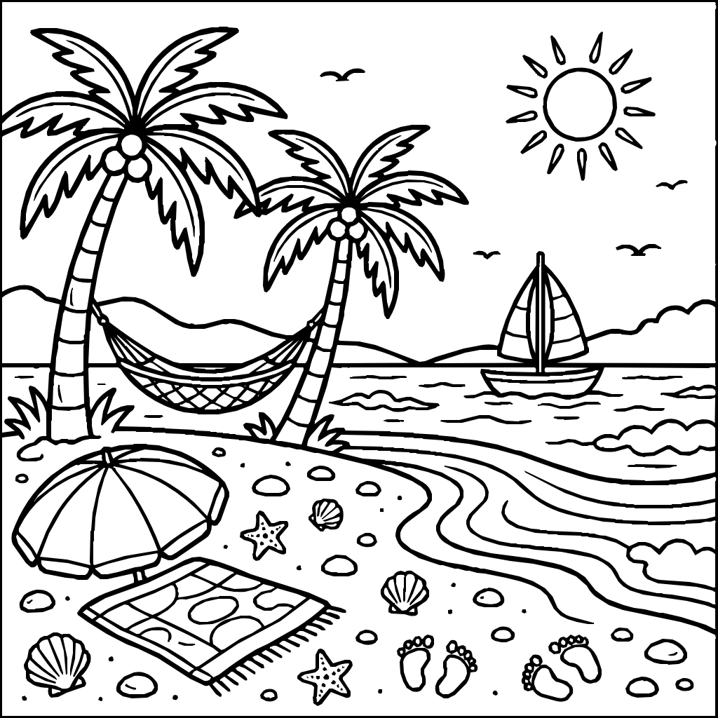 Cozy Hammock Strung Palm Trees Beach Coloring Page