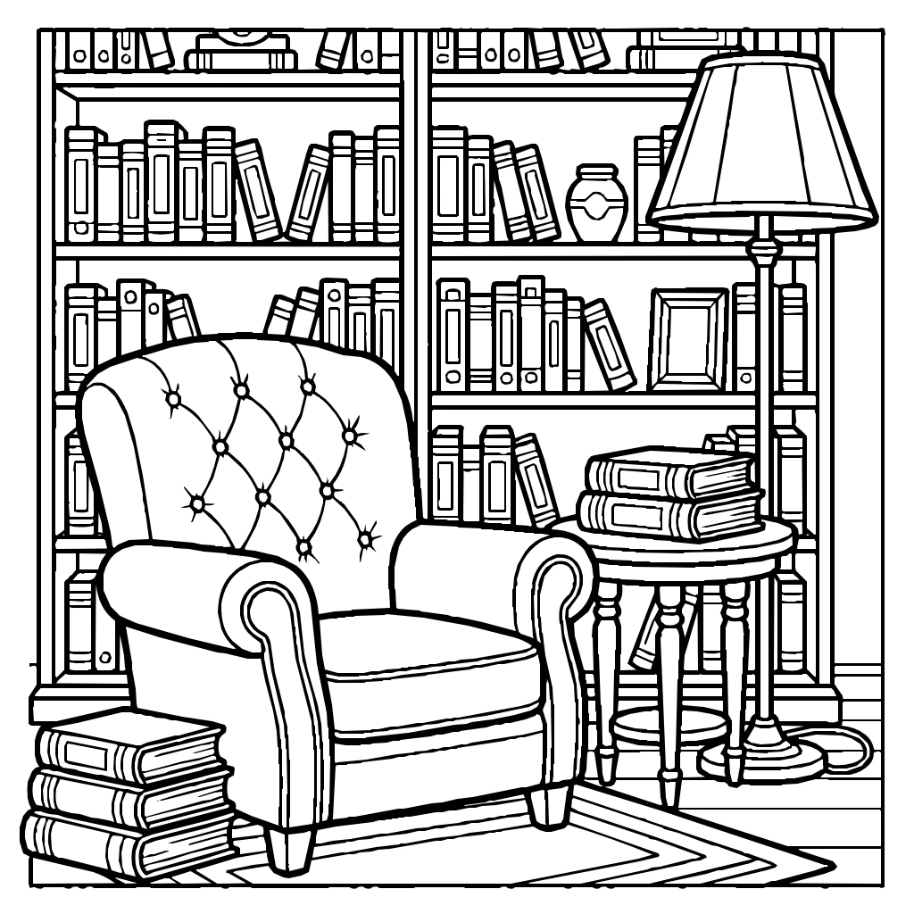Cozy Library Armchair Floor Lamp Literature Coloring Page
