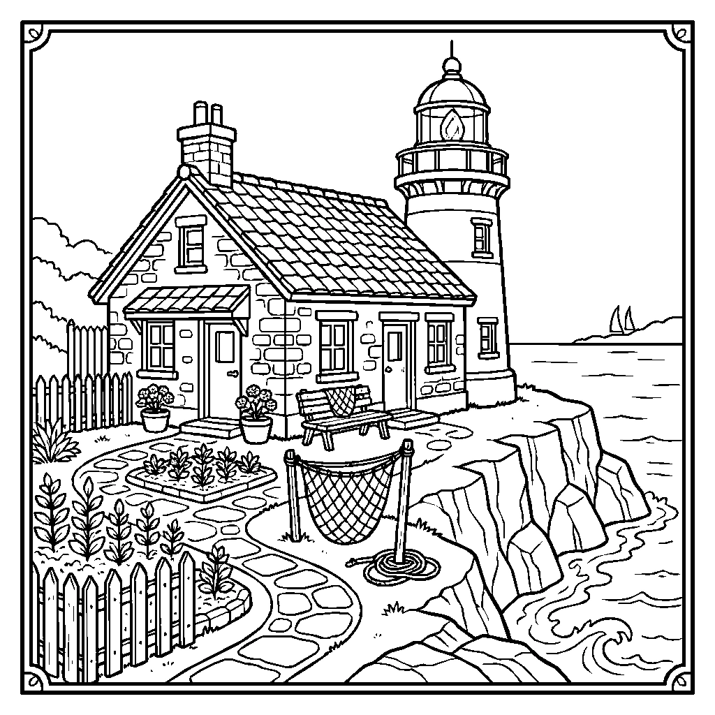Cozy Lighthouse Cottage With A Garden Coloring Page