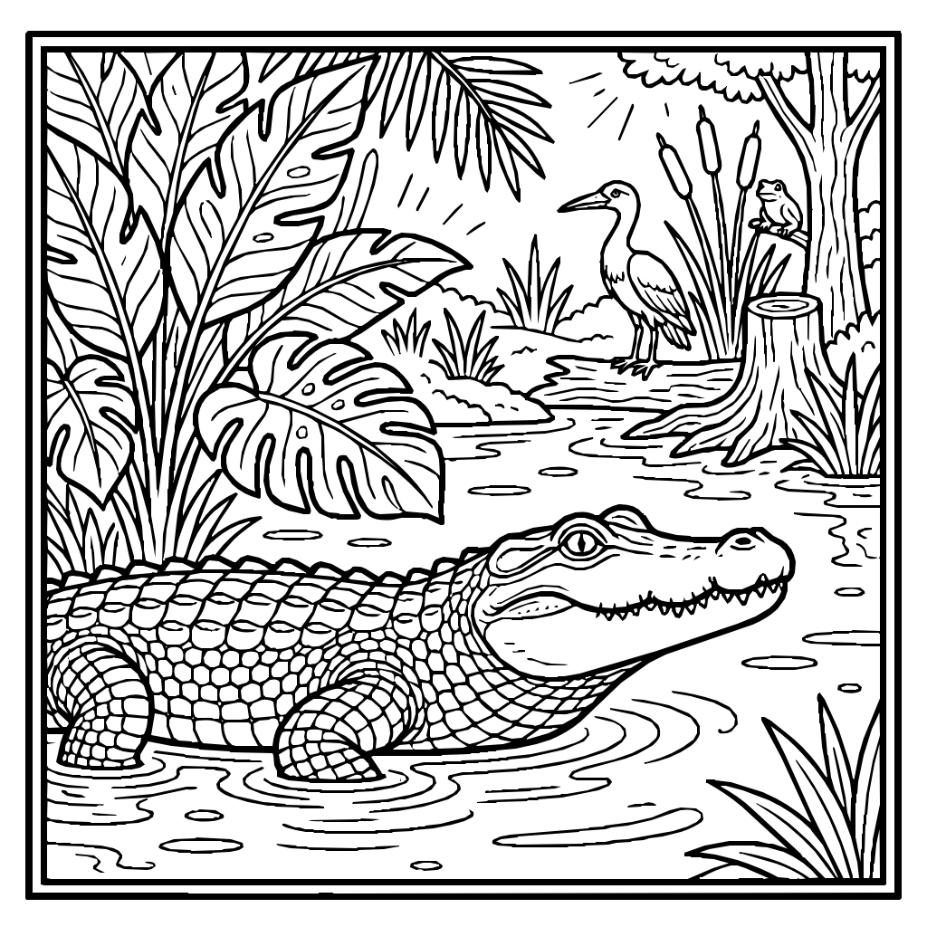 Crocodile Emerging From The Water In A Swamp Coloring Page