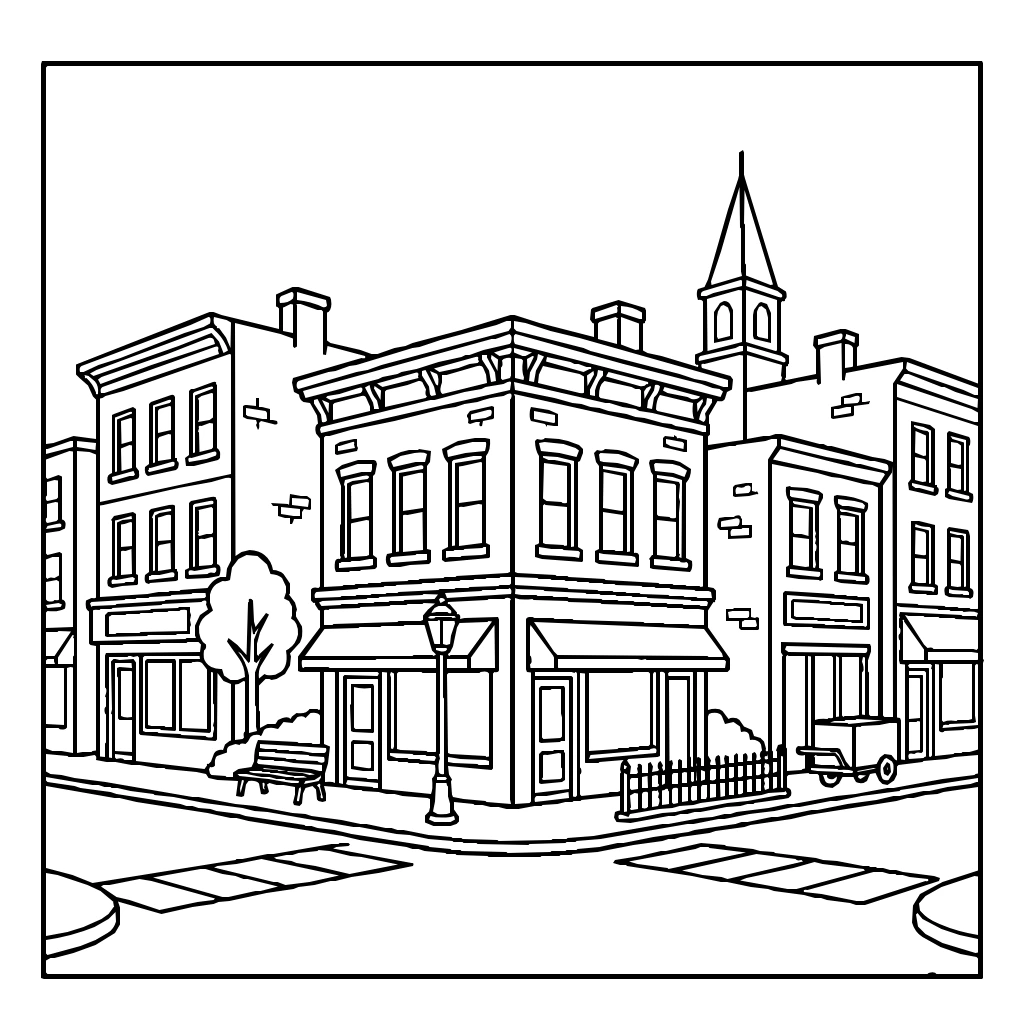 Crossing Of A Town With Shops Coloring Page