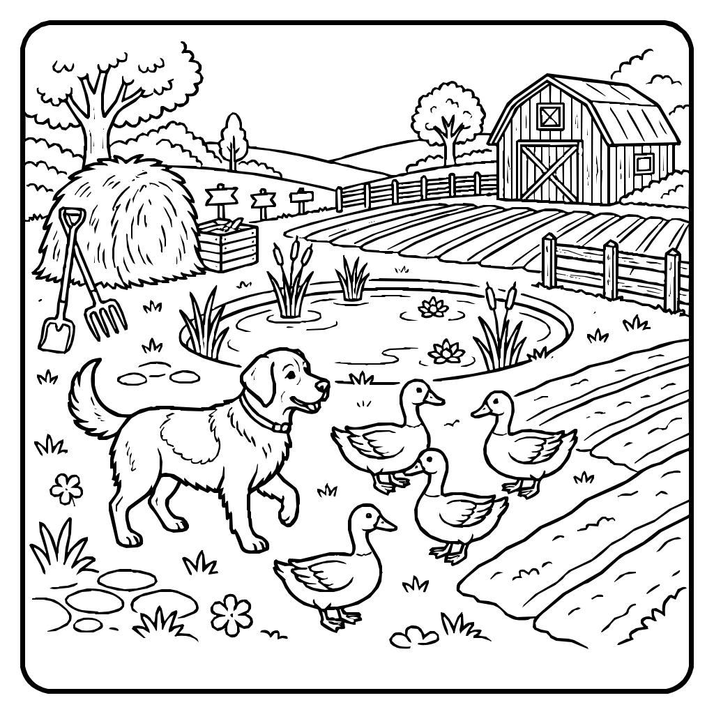 Dog And Ducks On A Farm Coloring Page