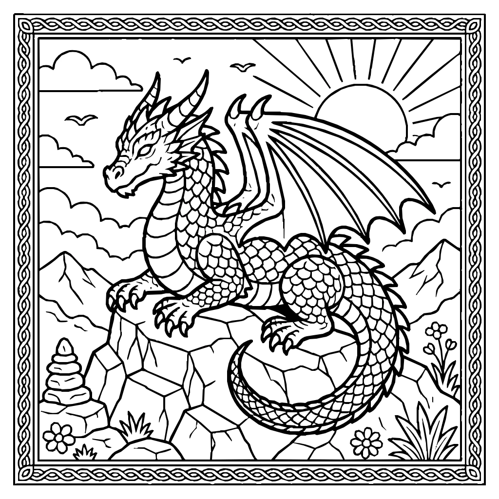 Dragon Resting On Mountain Peak Dawn Coloring Page
