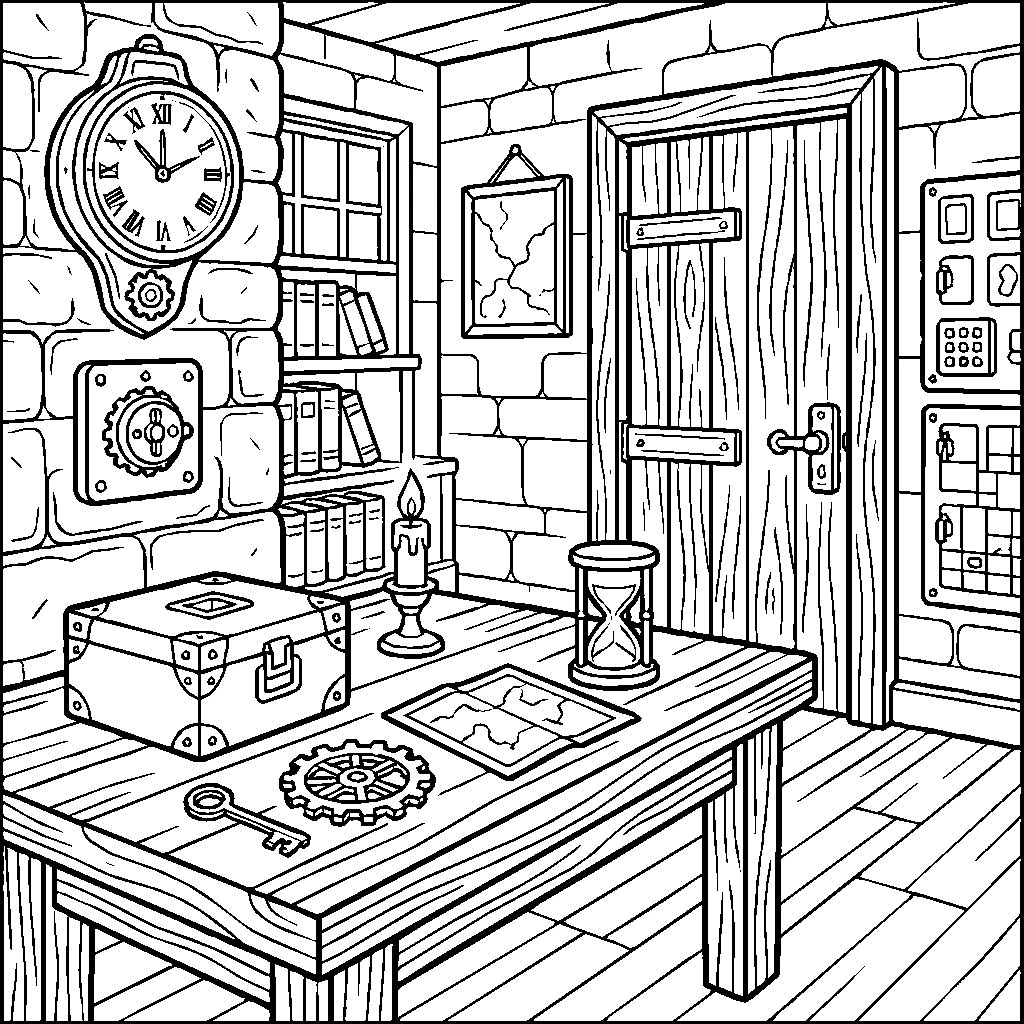 Escape Room With Puzzles Clocks Coloring Page